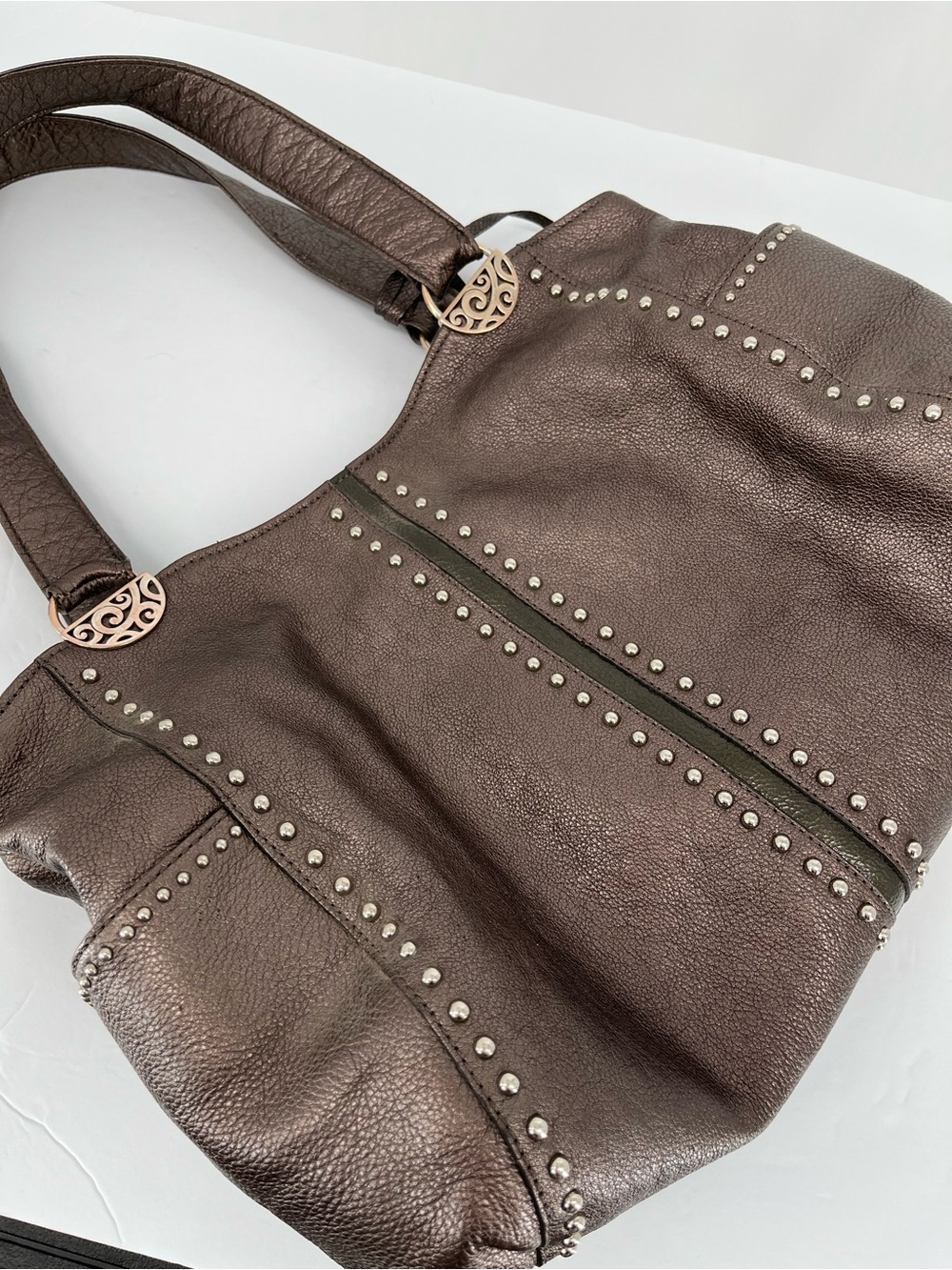 Brighton Metallic Bronze Leather Studded Shoulder Tote Bag Heart Charm L Hobo - Picture 5 of 12
